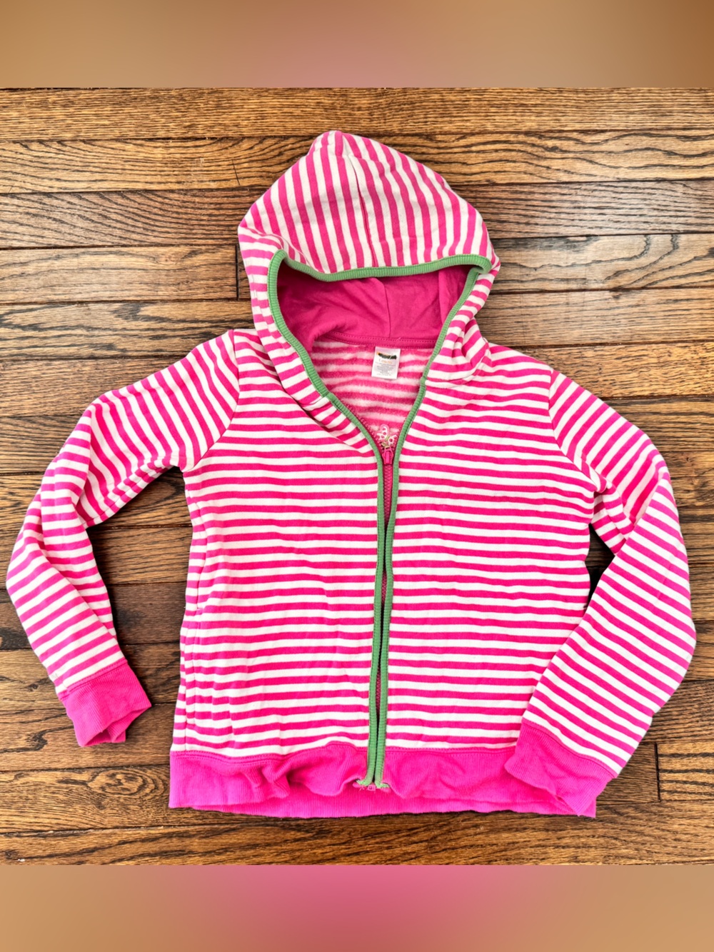 Gymboree Pink & White Striped Hooded Zip Sweatshirt with Green Trim